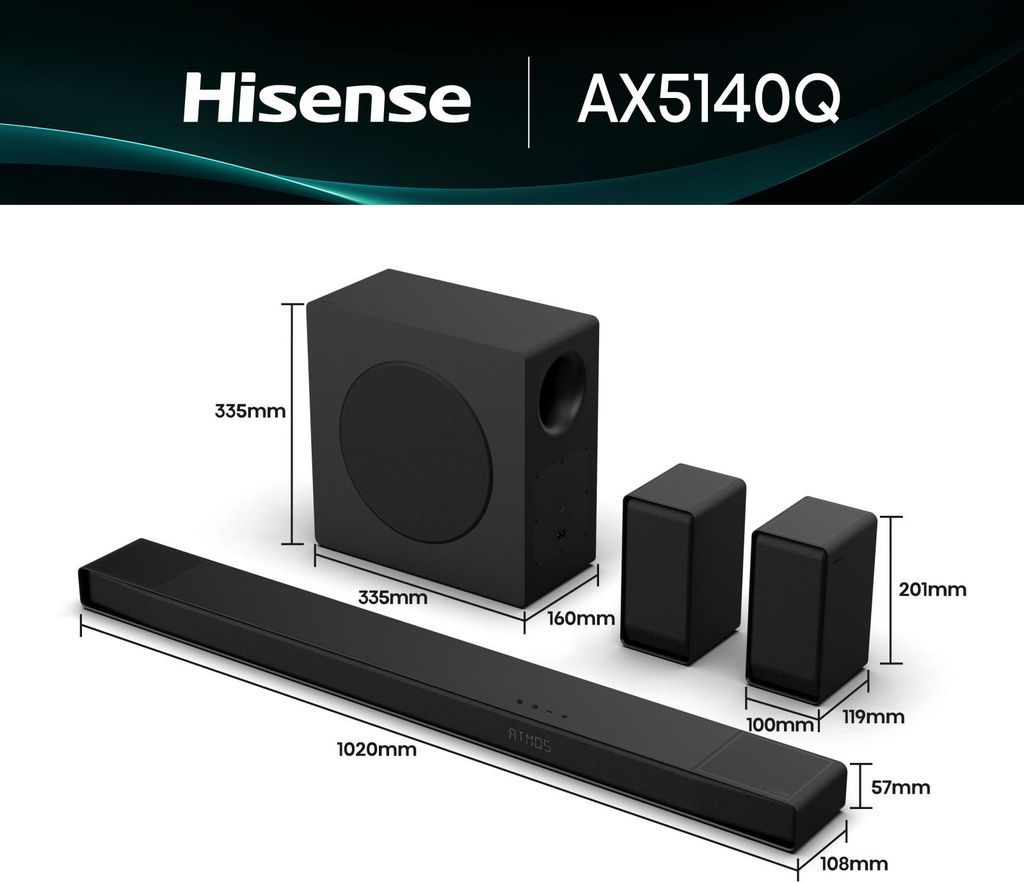 Hisense 5.1.4 CH Soundbar, 600 W, 5.1.4 Kanäle, 600 W, DTS:X, Dolby Atmos, 280 W, 20000 Hz, Kabellos