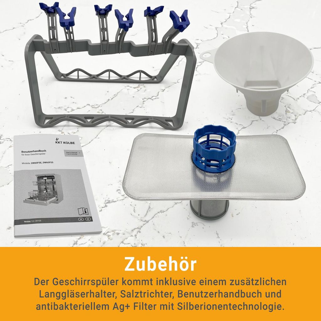 KKT KOLBE Küchentechnik KKT KOLBE 60 cm Geschirrspüler Spülmaschine Schwarz Silber Freistehend, Unterbaufähig, Besteckschublade, LED - Beleuchtung, Automatische Türöffnung, höhenverstellbar, 7 Programme, 14 Maßgedecke, DW60FSS
