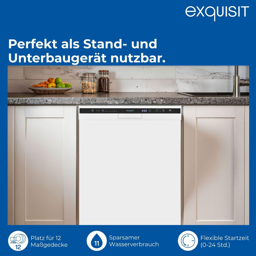 Exquisit Geschirrspüler, 12 Maßgedecke, Stand - /Unterbaugerät, 6 Programme, LED - Anzeige, Auto Door Open, GSP6312 - 030D weiss