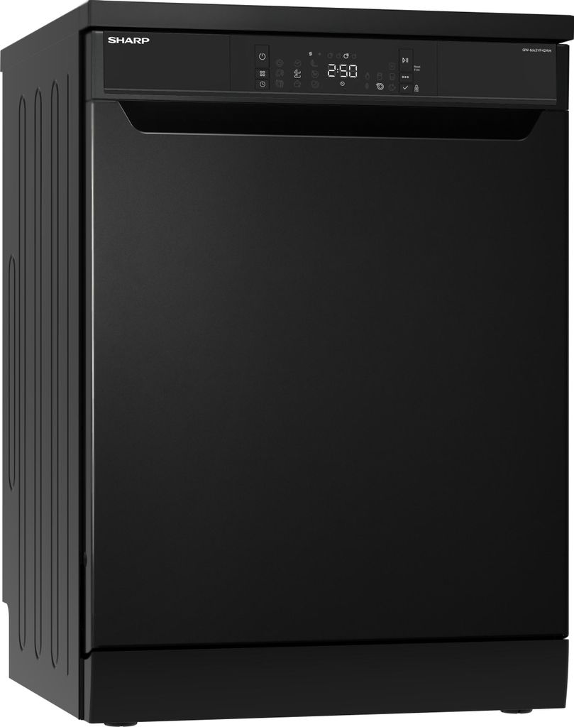 Sharp QW - NA3YF42AM - DE Freistehender Geschirrspüler mit Besteckschublade (60cm), (14 Gedecke, EEK A), (9 Programme, AquaStop), Mattschwarz