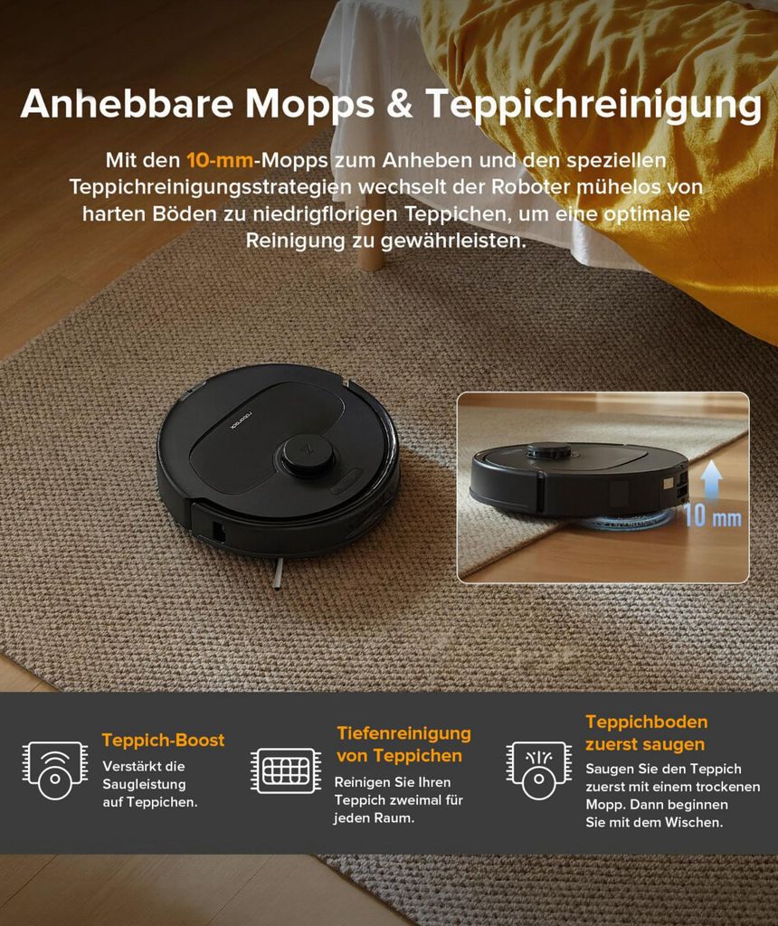 roborock QV 35A Staubsauger Roboter 8.000 Pa (Upgrade von Qrevo Plus),All - in - One Dock,Anti - Verfilzungsbürste, Hebarer Mopp, Reactive Tech,Schwarz