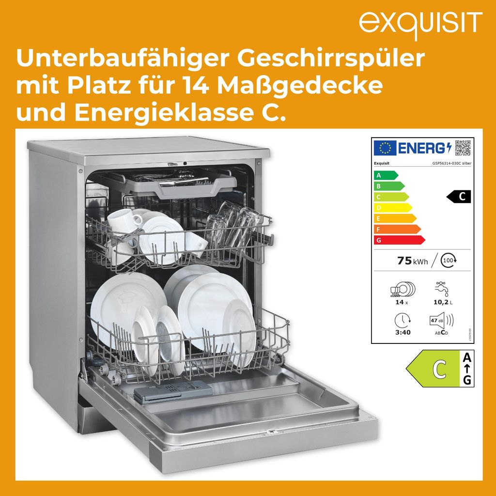 Exquisit PRO Geschirrspüler 60 cm, Unterbaufähig, EEK: C, 14 Maßgedecke, Automatische Türöffnung, Startzeitvorwahl, 11 Liter, GSP56314 - 030C silber