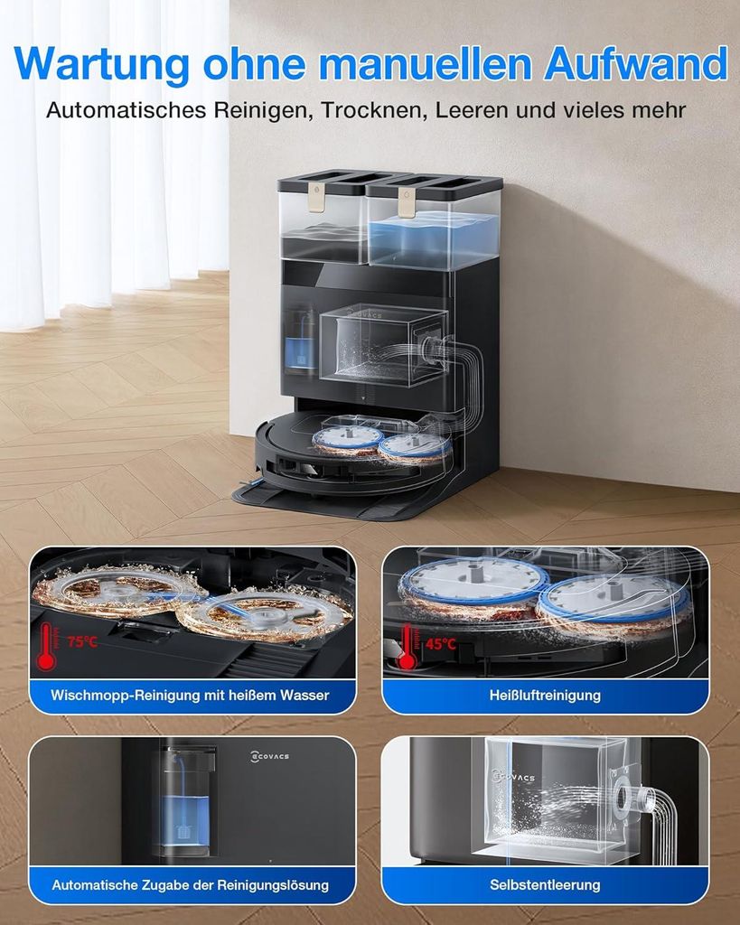 Ecovacs DEEBOT T50 PRO Omni Gen3 Care kit Staubsauger Roboter mit Wischfunktion (Enthält 2 zusätzliche Wischpads, 3 Filter und 3 Staubbeutel) Schwarz