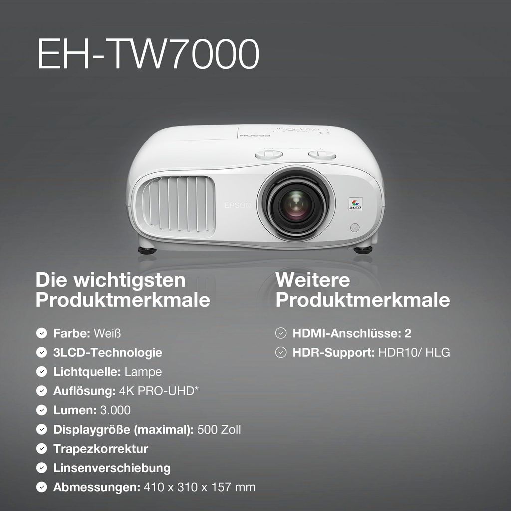 Epson EH - TW7000, 3000 ANSI Lumen, 3LCD, UHD 4K (3840x2160), 40000:1, 16:9, 1016 - 12700 mm (40 - 500")