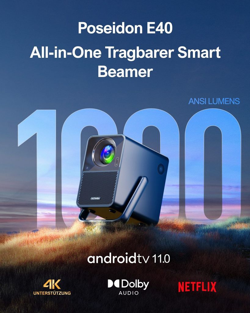 Ultimea Poseidon E40 Beamer, Android TV 11.0 mit Netflix, Dolby Audio Beamer, 2000:1, 1920 x 1080 px, Tragegriffdesign, Tragbar Projektor Native 1080P