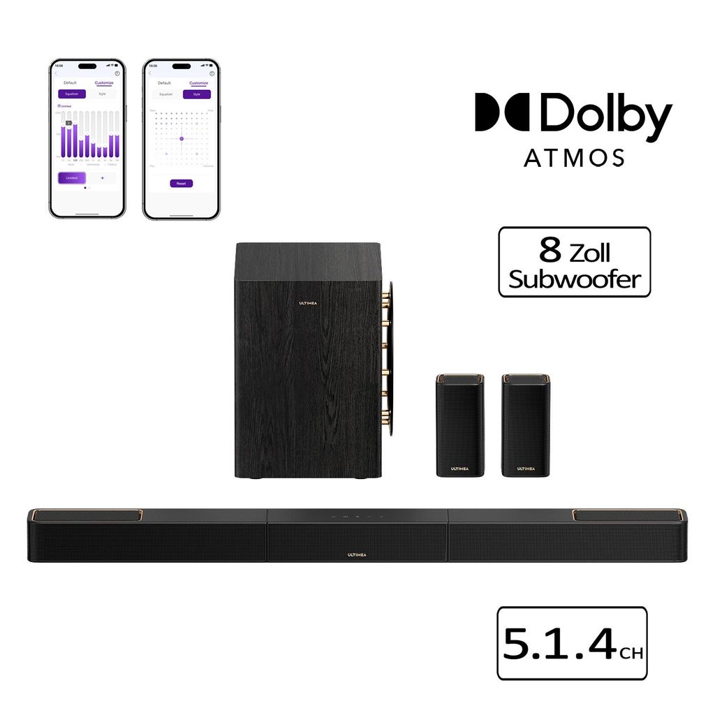 Ultimea Skywave Series 5.1.4 Professionelle Soundbar mit Dolby Atmos, 5.1.4 Surround Sound System mit 8" Subwoofer & 2 kabellosen Rear - Lautsprechern